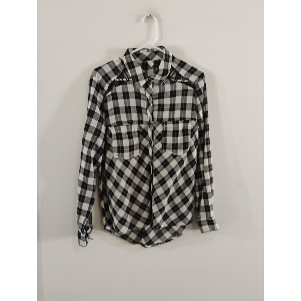 Free People Black White Plaid Button Down Shirt Shoulder Cut Out Flannel Small